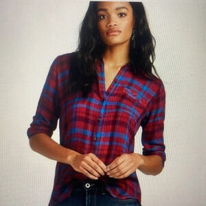 Lucky Brand  Maroon and Blue plaid Flannel Button down  shirt  Size XL